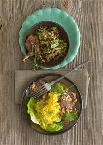 Bulgur salad with lamb chop, mango & cucumber salad with tuna