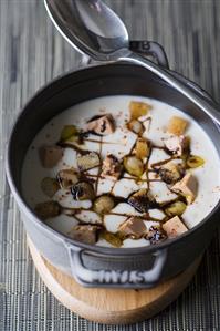 Vegetable cream soup with partridge breast, grapes & croutons