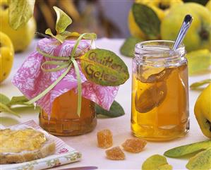 Quince jelly in jars and on bread, quince sweets