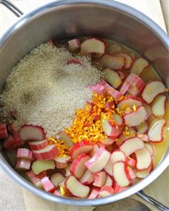 Rhubarb and other ingredients in a pan for rhubarb compote