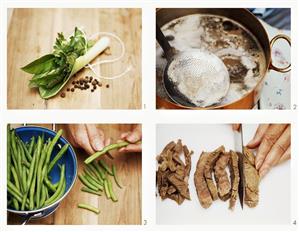 Making beef and vegetable soup with green beans