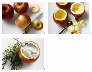 Hollowing out apples & stuffing with soft cheese: appetiser or garnish