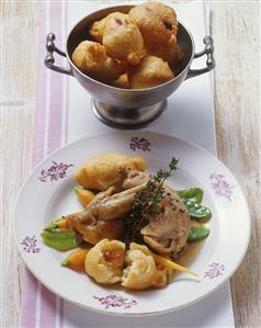 Rabbit in Riesling sauce with apricot fritters