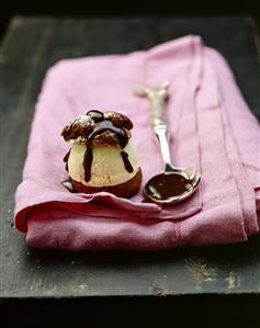 Chocolate profiterole with vanilla ice cream & chocolate sauce