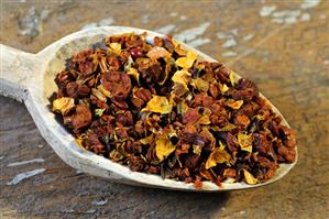 Dried gardenia fruits on a wooden spoon