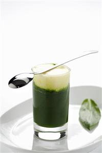 Ramsons (wild garlic) soup with potato foam in glass with spoon