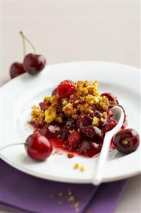 Cherry crumble on a plate