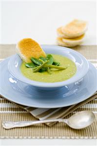 A plate of green cream of vegetable soup with toast