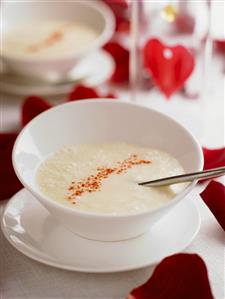 Cream of potato soup with rose petals