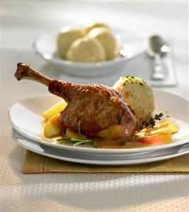 Goose leg with apple, honey & white wine sauce & bread dumpling