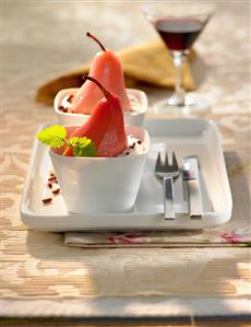 Red wine pears with chocolate cream