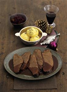 Venison with poppy seed dumplings & red cabbage with figs