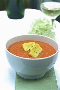 Cold tomato soup with olive oil ice cubes