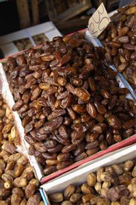 Dried dates on a market stall in Morocco