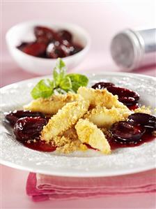 Potato noodles with buttered breadcrumbs and plum compote