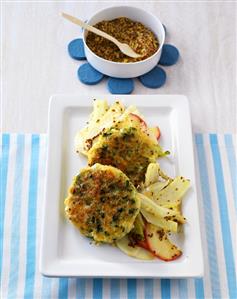 Fish cakes with fennel, apple and mustard