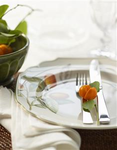 A plate with knife, fork and kumquats