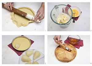 A pear tart on a cake plate