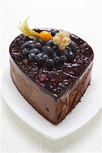 Chocolate mousse with blueberry jelly and fresh fruit