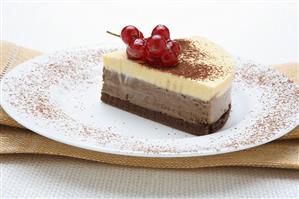 Piece of chocolate & mascarpone semifreddo with redcurrants