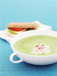 Courgette soup, horseradish cream, tomato & cucumber sandwich