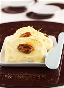 Vanilla parfait with white chocolate sauce and pecans