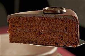 A piece of Sachertorte (chocolate cake) on a cake slice