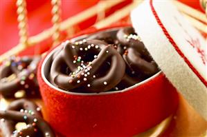 Chocolate-coated pretzels in Christmassy box