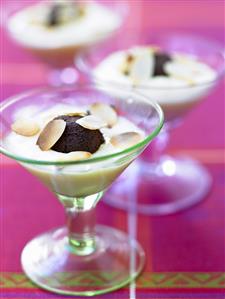 Chocolate truffles in almond cream in three glasses