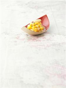 Peach in almond milk with lavender and calissons
