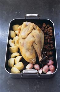 Trussed capon stuffed with goose liver, apples & chestnuts