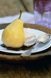 Quark cream with poached pear and chocolate sauce