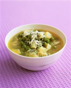 A bowl of pea and potato soup
