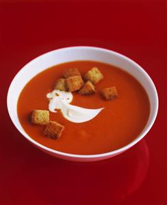 Tomato soup with crème fraîche and croutons