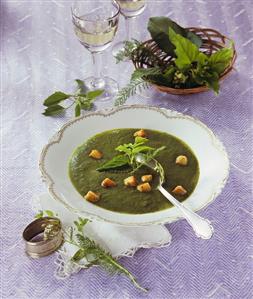 Herb soup with croutons