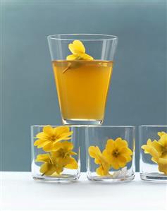 Vegetable consommé with primroses in glasses