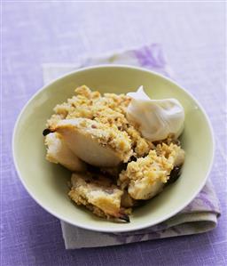 Pear chocolate chip crumble with clotted cream