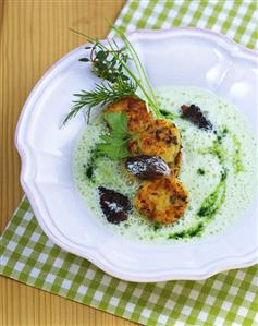 Spring herb soup with morel potato cakes