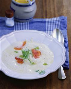 Horseradish and mustard soup with smoked salmon