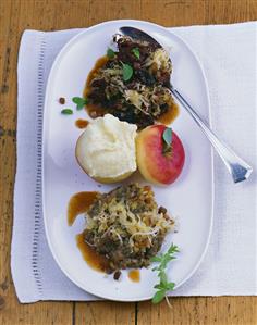 Black pudding & liver sausage hash, with apple & mashed potato