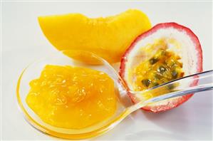 A spoonful of peach and passion fruit jam