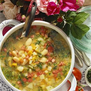 Mixed vegetable soup in a soup tureen