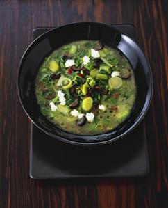 Leek soup with feta and olives