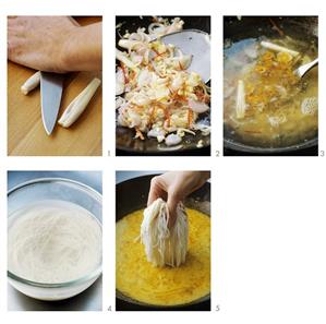 Making laksa (shrimp noodle soup, Singapore)