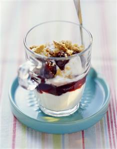 Bottled cherries with cardamom coffee cream and crumble