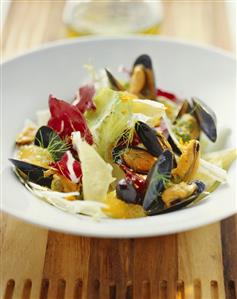 Salad leaves with mussels, fennel and oranges