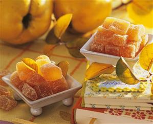 Quittenbrot (quince jelly sweets) in small white dishes