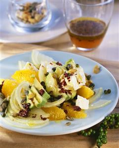 Avocado & orange salad with green peppercorns & pumpkin seeds