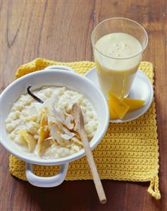 Vanilla rice pudding with coconut chips, mango buttermilk