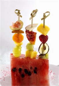 Fruit skewers in a watermelon